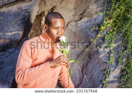 Man Missing You. Dressing in light orange sweater with high collar,  a young black guy is standing against rocks with long leaves, holding a white rose, looking down, smelling, thinking.