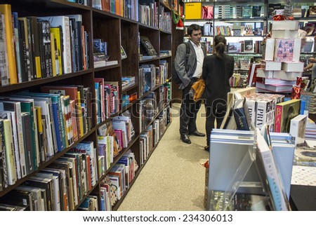 Sao Paulo, Brazil, November 25, 2014: Customers shop for books in Shopping Center in Sao Paulo