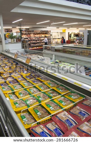Santa Catarina, Brazil, September 23, 2009. Frozen food refrigerator in a supermarket