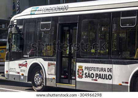 Sao Paulo, Brazil, SP, August 10, 2015. Detail of Bus on bus lane in Paulista Avenue. This is one of the most important thoroughfares of the city, one of the main financial centers of the city