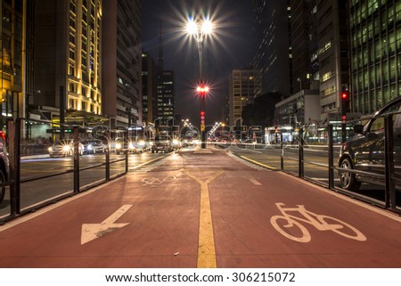 Sao Paulo, Brazil, SP, August 14, 2015. Bicycle path in Paulista Avenue. This is one of the most important thoroughfares of the city of Sao Paulo, one of the main financial centers of the city