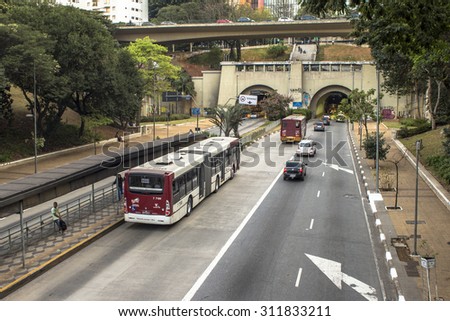 Sao Paulo, Brazil, August 26, 2015. Traffic on Bus Lane in Nove de Julho Avenue, downtown Sao Paulo