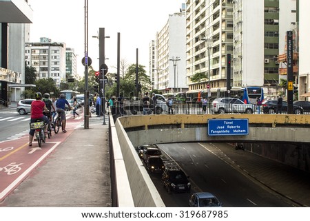 Sao Paulo, Brazil, SP, September 17, 2015. Bicycle path in Paulista Avenue. This is one of the most important thoroughfares of the city of Sao Paulo, one of the main financial centers of the city