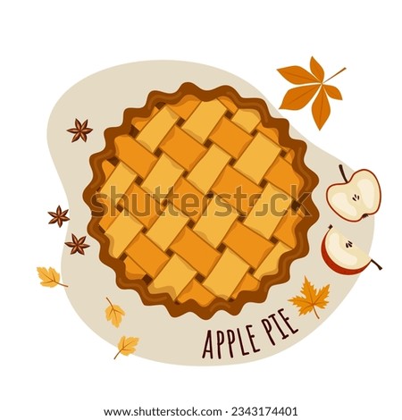 Vector illustration of apple pie, apples, cinnamon stars and autumn leaves. Autumn sticker. Image for printing. The concept of baking, autumn mood, cooking. 