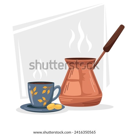 Similar – Image, Stock Photo Turkish espresso pot made of hammered metal stands for coffee preparation on the gas flame of the kitchen stove