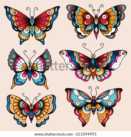 Set of old school tattoo art butterflies for design and decoration