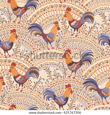 Cute roosters in floral ornament on a beige background. Seamless pattern for your design