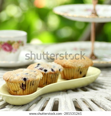 muffin with china high tea set background is out of focus green leaf and boken square format