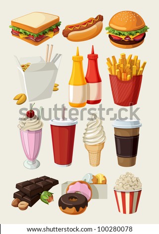 Set of colorful cartoon fast food icons. Isolated vector.