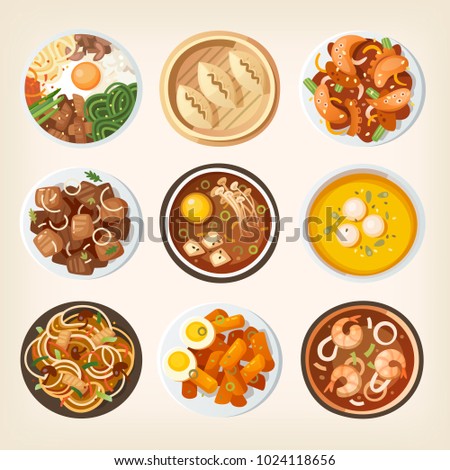 Different dishes from South Korean country traditional cuisine. Illustrations of eastern asian countries meals from above. Isolated vector food images