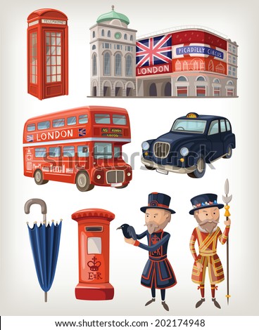 Famous London sights and retro elements of city architecture and lifestyle