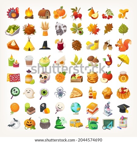 Set of colorful autumn emoji. Thanksgiving dinner food and dishes animals and farm harvest. Nature fall elements and plants, halloween and holidays. Isolated vector cartoon icons on white background.