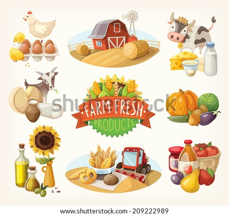 Set of illustrations with farm fresh products and animals