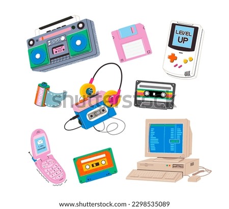 Collection of nostalgic retro gadgets games and devices. Vector images in vibrant vivid colors. Trendy cartoon illustrations for graphic designs