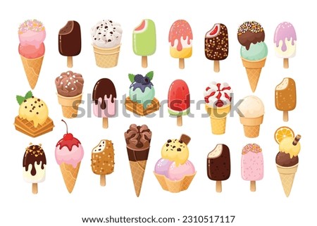 Collection of ice cream and popsicle images. Set of vector icons and stickers. Ice creams with various flavours Strawberry, chocolate and vanilla. Waffle cones, colourful scoops, glazing and nuts  