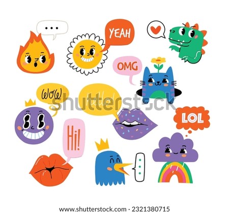 Collection of cute cartoon retro characters and lips with speech bubbles  with smiling faces. Trendy characters for posters invitations cards web designs decorations and media. Isolated vector images