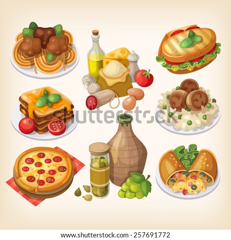 Set of italian food, products and other elements of italian cuisine.