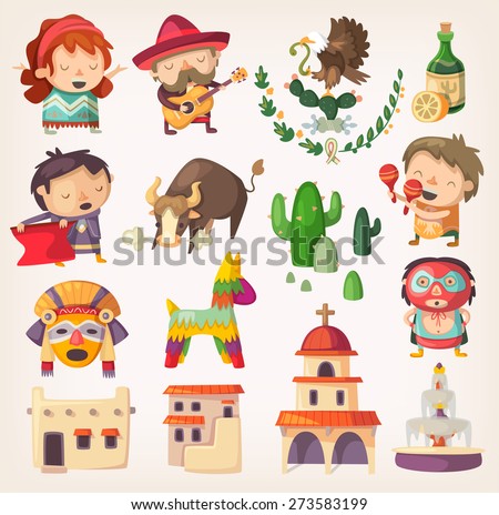 People, tourists and national heroes of Mexico. Design elements and icons with local architecture and traditions.
