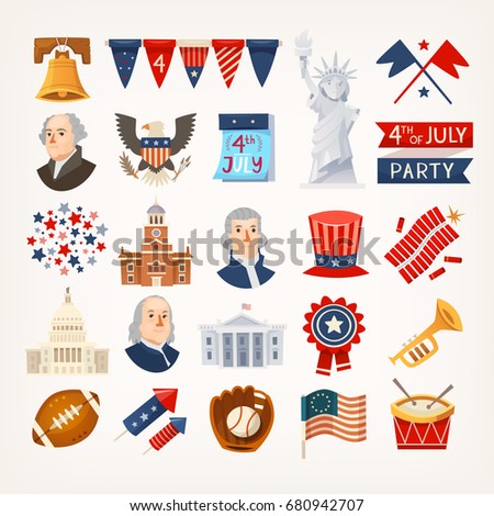 Set of colorful icons stickers and graphic elements representing USA traditions, landmarks and famous historical characters. Isolated vector icons
