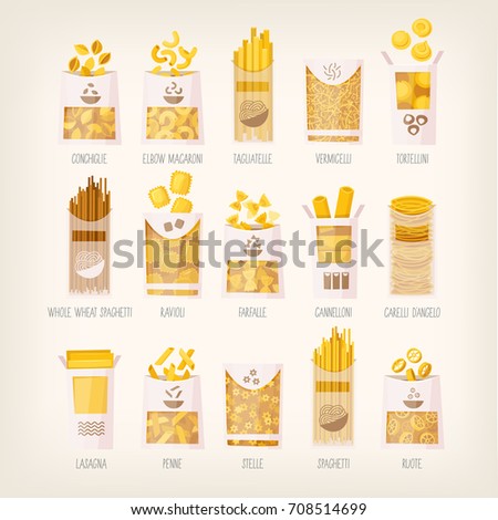 Set of different kinds of packed dry pasta with names. Variety of pasta for different receipts and dishes  