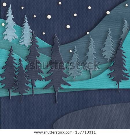 Christmas card template. Paper cut Christmas design. Paper art winter landscape