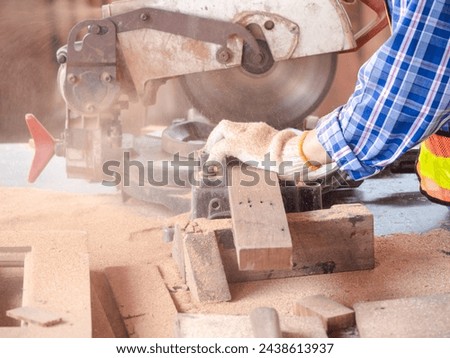 Similar – Image, Stock Photo Male woodworker cutting wood in workshop