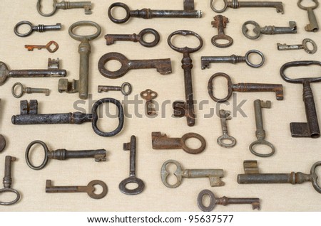 many different old keys on a lighter background fabric / old keys