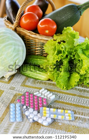 vegetables in the basket and tablets are on the outside on the table