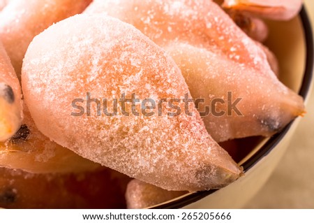 Ice with shrimp in a bowl from the freezer