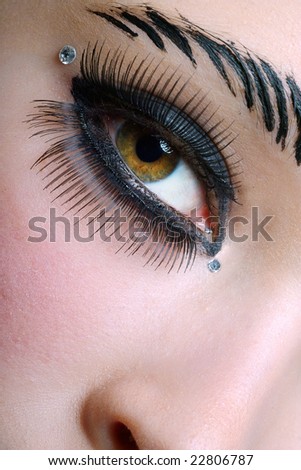 closeup of a black makeup with fake eyelashes