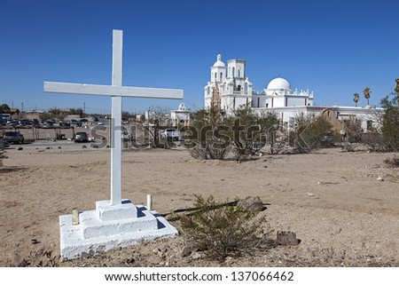 TUCSON, ARIZONA-FEB 14: San Xavier del Bac on Feb. 14, 2013 in Tucson, Arizona. Called the White Dove of the Desert that is an active Roman Catholic Church serving the San Xavier Indian Reservation.