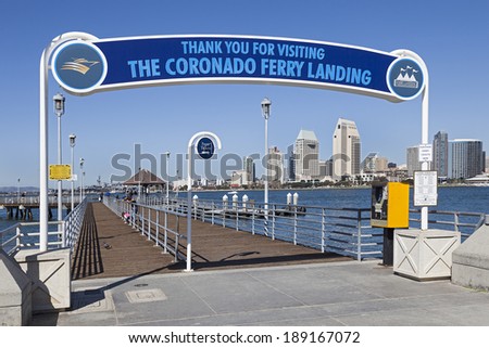 SAN DIEGO, CA - FEB. 12, 2013: A View of Coronado Ferry Pier & San Diego. San Diego is second-largest city at the Pacific Ocean in California. It is the eighth-largest city in the United States.