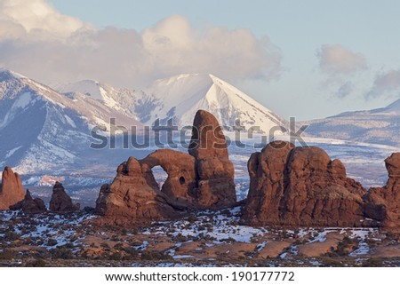 Turret Arch with Snow Mountains at Sunset, Arches National Park, Utah