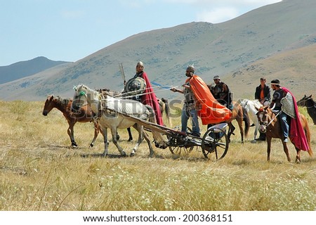VANADZOR, ARMENIA - AUG 18, 2008: As the ancient Armenian legends in this field fought Hayk and Bel. Armenian actors show on this site.