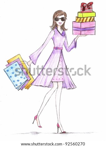 A shopaholic girl with colorful shopping bags & gifts in both hands. Wearing a red dotted patterned skinny skirt, a purple wrap coat coupled with a red waist belt and matching red high heel sandals.