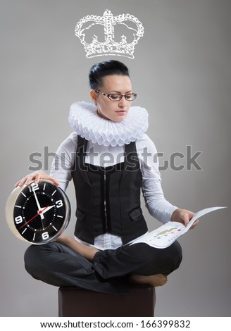 Queen of office. Business lady in ruff collar with a clock and a pictured crown reading a document