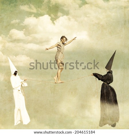 Woman walking along a tightrope held by two mysterious persons wearing white and black clothes