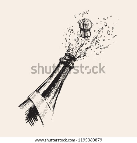 Hand drawn Illustration of Champagne explosion. Alcohol drink splash with bubbles.