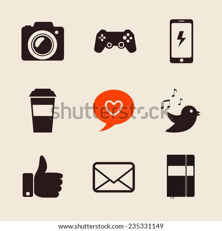 set of social network icons vector illustration with like hand mail heart foto camera PS joystick coffee cup smart phone moleskine evernote