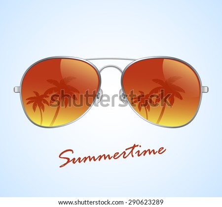 aviator sunglasses with palms reflection vector illustration background