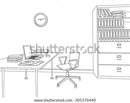 Home Office. Sketch modern office interior. Desk. Outline Vector Illustration. Freelance.