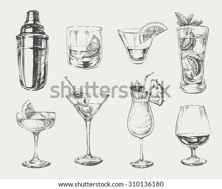 Set of Sketch Cocktails and Alcohol Drinks Vector Hand Drawn Illustration 