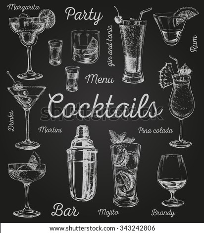 Set of Sketch Cocktails and Alcohol Drinks Vector Hand Drawn Illustration
