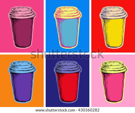 Set Coffee Cups Vector Illustration Pop Art Style. Coffee to go. Take away coffee design