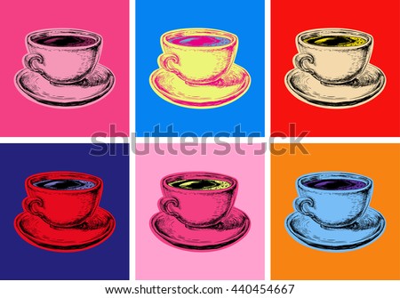 Set Coffee Cup Mug Vector Illustration Pop Art Style 