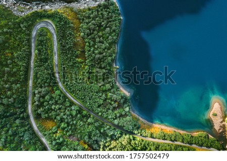 Aerial view serpentine road and forest with sea drone landscape in Norway above trees and blue sea water scandinavian nature wilderness top down scenery 