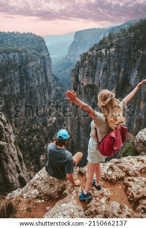 Similar – Image, Stock Photo woman with backpack traveling on a windy mountain adventure