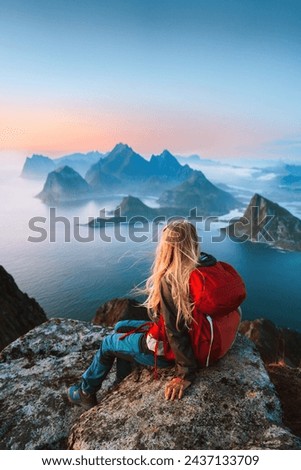 Image, Stock Photo Female tourist at wild rocky beach and coastline of surf spot La Santa Lanzarote, Canary Islands, Spain. La Santa village and volcano mountain in background