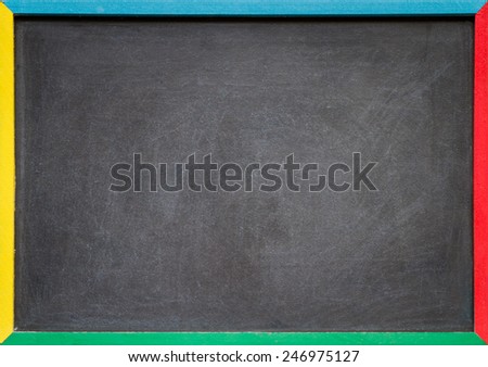 A blank slightly dirty chalkboard / blackboard in a colourful old wooden frame