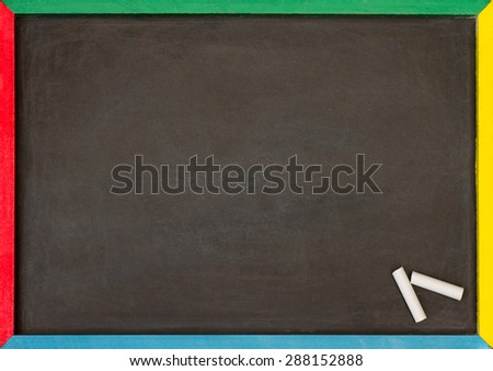 Blank chalkboard with multi coloured frame with two pieces of chalk in the corner